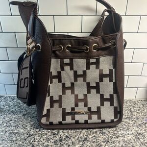 Halston Monogrammed Brown and Cream Patterned Women's Bag